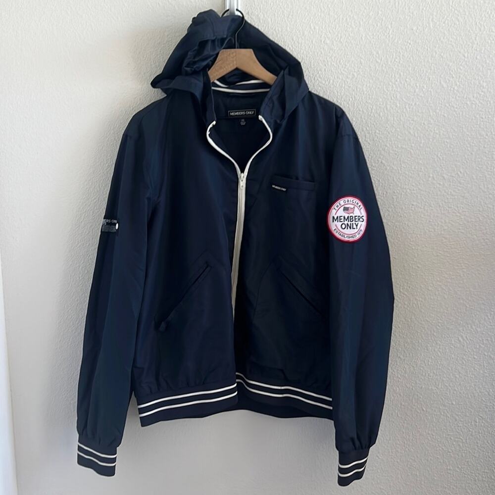 Members Only Navy Jacket Front Zip Hooded Patchwork Branding Flaw XXL